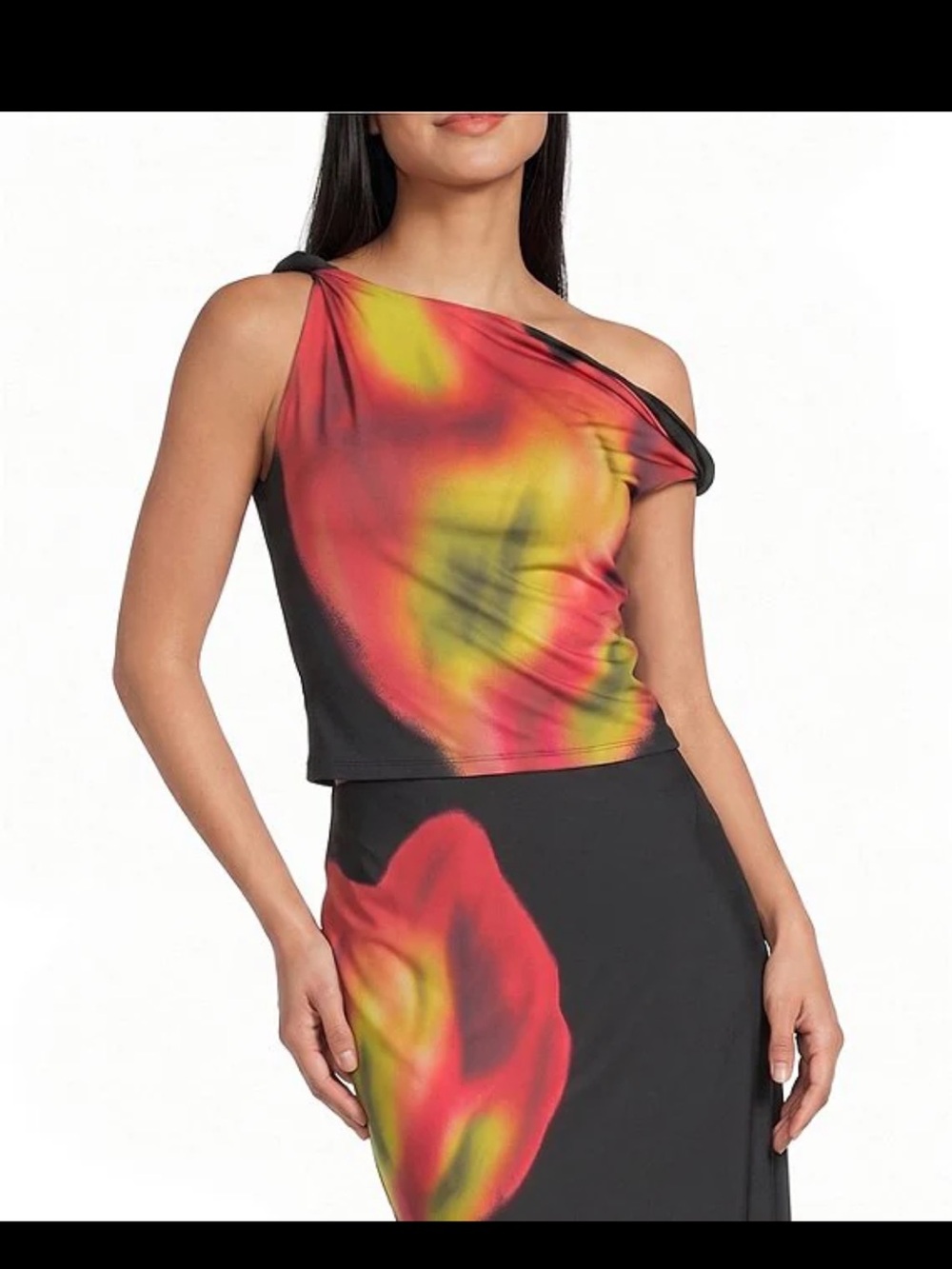 Gianni Bini One-Shoulder Tie-Dye Dress in Red & Yellow with Black Accents